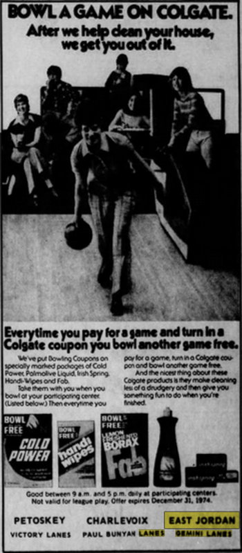 Gemini Lanes (Teen Zone, East Jordan Recreation, The Zone Sports Lounge) - Jun 26 1974 Article (newer photo)